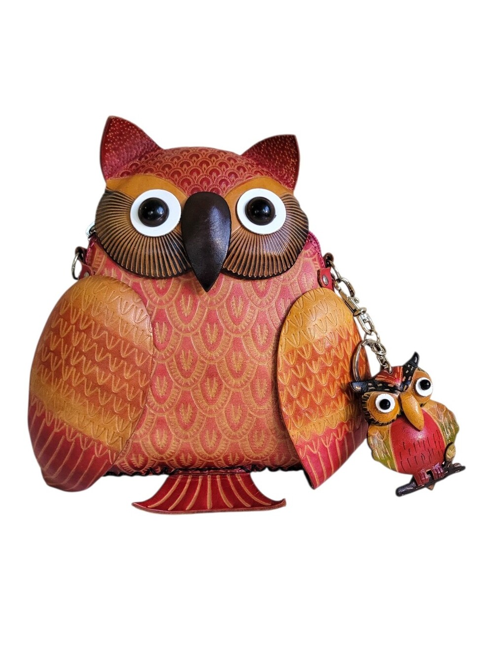 Owl Shaped Leather Crossbody Bag in Red Orange Brown